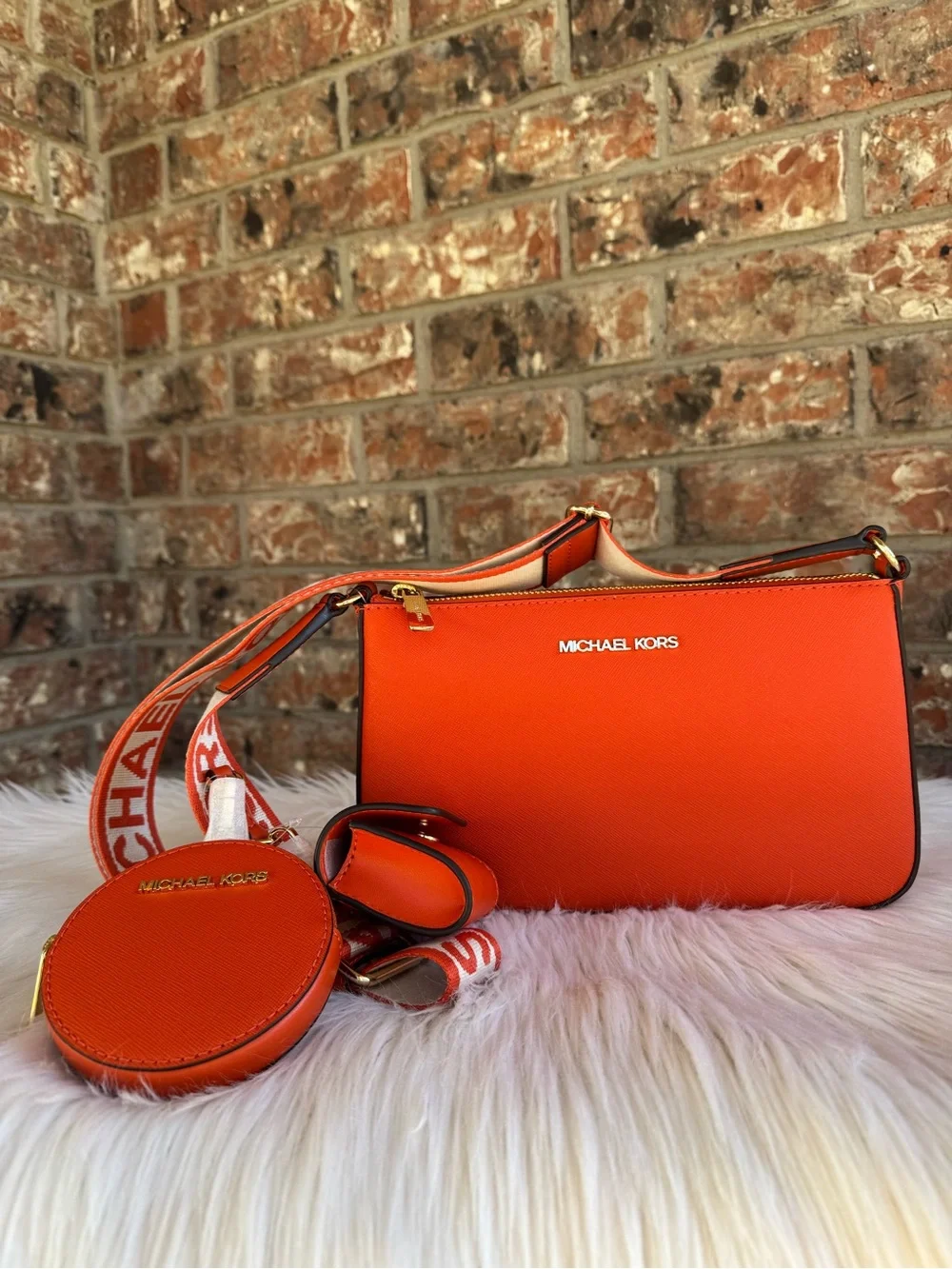 Michael Kors Orange Saffiano Leather Crossbody Trio with Branded Strap